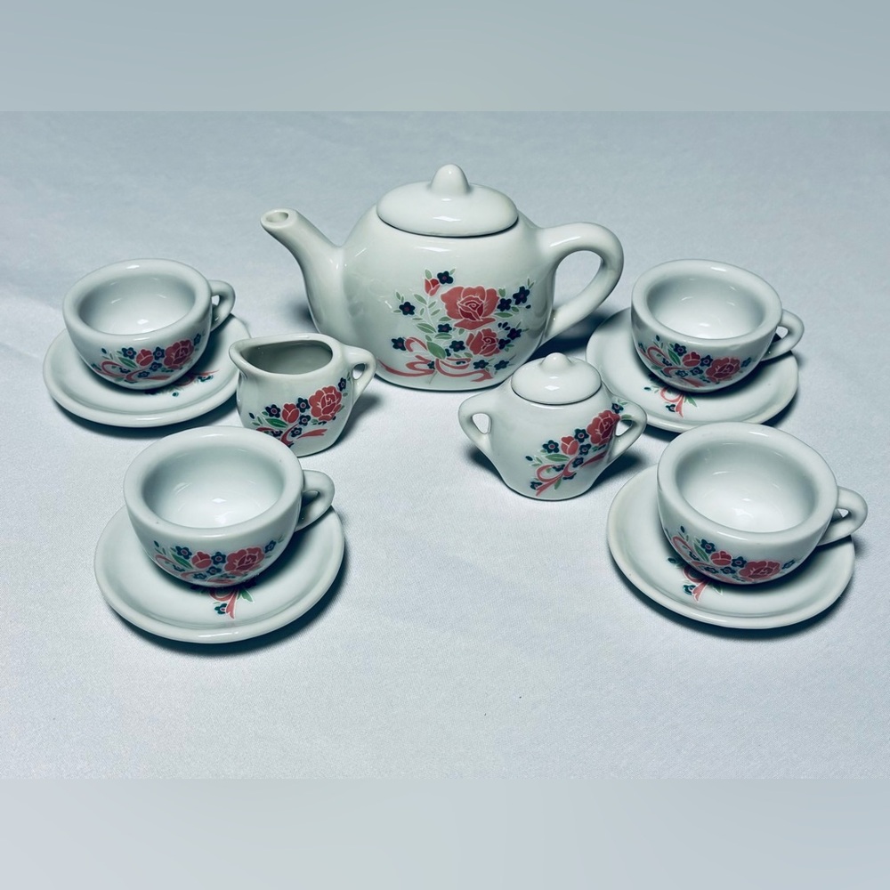 Vintage Battat Mini Tea Full Set Roses Ribbons White Pink Excellent - Picture 2 of 4